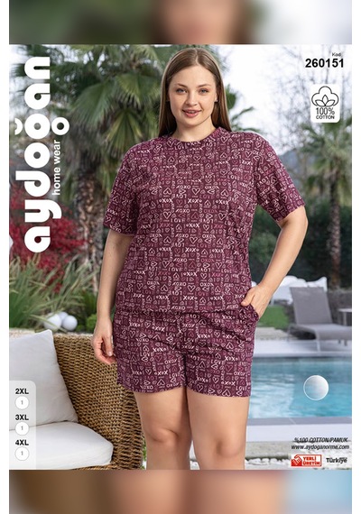 Aydoğan Kadın Lara Büyük Beden Şortlu Cotton Vişne Pijama Takım 0151 Bordo