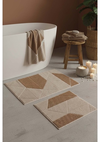 Terra Geometrik 2 Li Banyo & Klozet Paspas Takımı Kahverengi