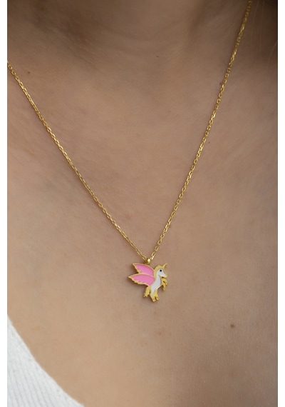 925 Ayar Gümüş Gold Pembe Mineli Unicorn Kolye