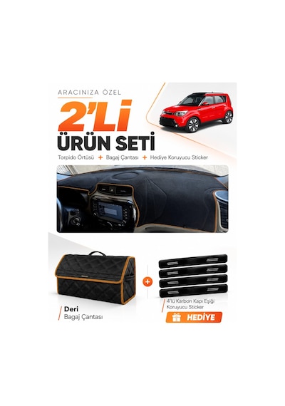 E-biz Kia Soul 2014-2019 Uyumlu Torpido Örtüsü + Deri Bagaj Çantası - Siyah-kahverengi - Kı021