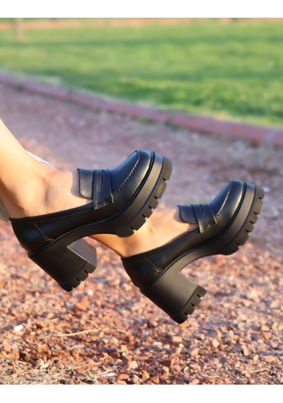 Asmi Shoes Kadın Tokasız 8 Cm Loafer Model Topuklu Ayakkabı Siyah Cilt Siyah