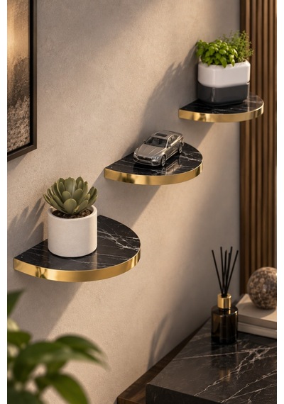 Sulorahome 3'lü Oval Duvar Rafı Siyah Mermer Desenli Gold Kenarlı