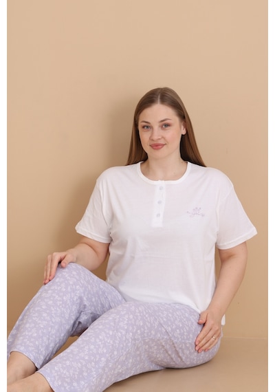 Wordex Mirano 4514 Çiçekli Kısa Kollu Pamuklu Penye Büyük Beden Kadın Pijama Takımı Ekru