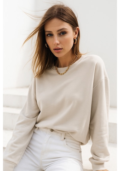 Kadın Bej Pamuklu İnterlock Oversize Sweatshirt Bej