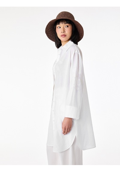 Koton Pamuklu Floral Nakış Detaylı Brodeli 3/4 Kollu Gömlek Yaka Oversize Tunik Elbise Kırık Beyaz 6sak60013ew Ekru