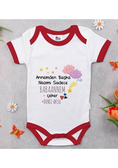 Bk Gift Bk Kids Kişiye Özel Babaannem Tasarımlı Kırmızı Bebek Body Zıbın-1 Çok Renkli