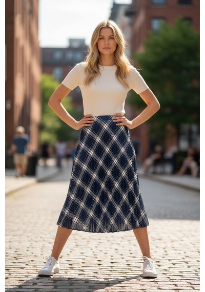 Eren Style Pileli Pamuklu Dijital Piliseli Beli Lastikli Etek 95 Cm - 38-46 Lacivert