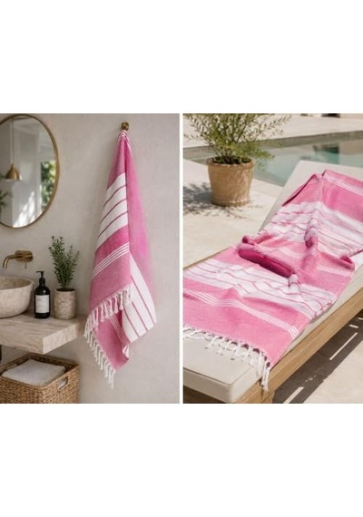 Pembe Beyaz Şeritli Yıkanmış Pamuk Peştemal Açık