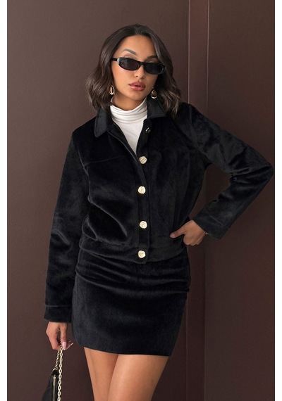 Verymoda Peluş Düğmeli Mont F1967 Siyah