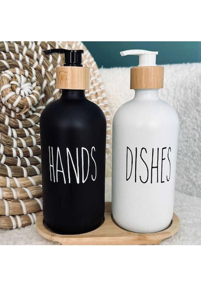2 Li Hands Dishes Siyah Beyaz Dekoratif Mutfak Banyo Sıvı Cam Sabunluk Seti 500ml Bambu Stantlı Set Beyaz-siyah