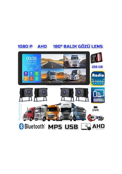 Dokunmatik Usb Mp5 Fm Dvr Ekran Ve 4 Ad Ahd180 Derece Kamera Seti