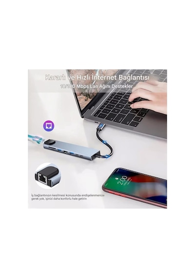 Macbook Ve Laptop Uyumlu Çok Fonksiyonlu Usb - C Dönüştürücü - Alüminyum Gövdeli Hub