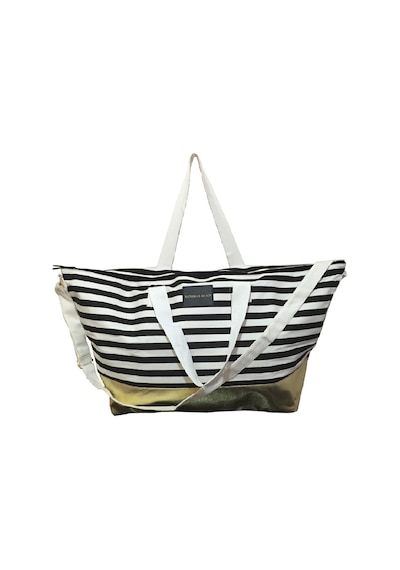 Victoria's Secret Vs Siyah Beyaz Çizgili Gold Taban Askılı Duffle Carryall Tote Siyah