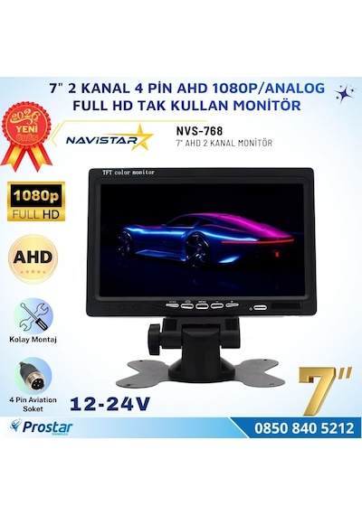 7 İnç 2 Kanal Full Hd Ahd/analog Tak Kullan Araç Monitörü Ayna Görüntüsü Ayarlı + Park Çizgisi 12-24v