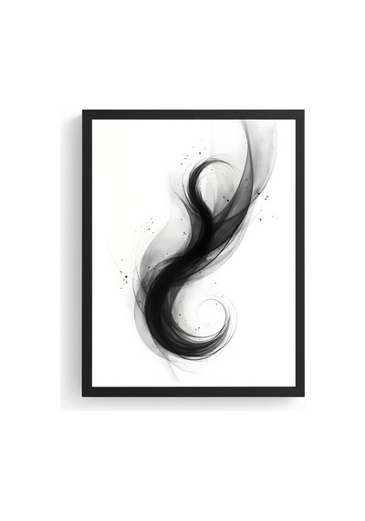 Doğal Ahşap Çerçeveli Soyut Siyah Desenli Tablo - Minimal Huhu1203