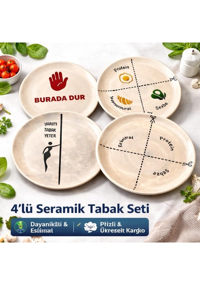 Deinhaus 4'lü Seramik Tabak Seti, Porsiyon Kontrol Tasarımlı, Protein Ve Sebze Bölmeli, Diyet Dostu Çok Renkli