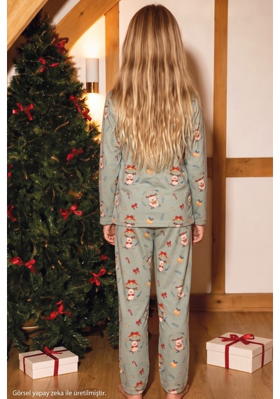 Siyah İnci Yeşil Yılbaşı Temalı Desenli Termal Kumaşlı Ultra Soft Yumuşak Düğmeli Örme Pijama Takımı 26226824