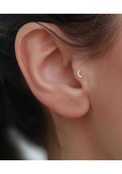 14 Ayar Altın Taşlı Ay Yıldız Tragus Piercing Sarı Altın