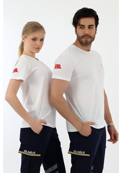 Acil Sağlık Yuvarlak Yaka Penye Kısa Kol Tshirt - Beyaz-12104 Beyaz