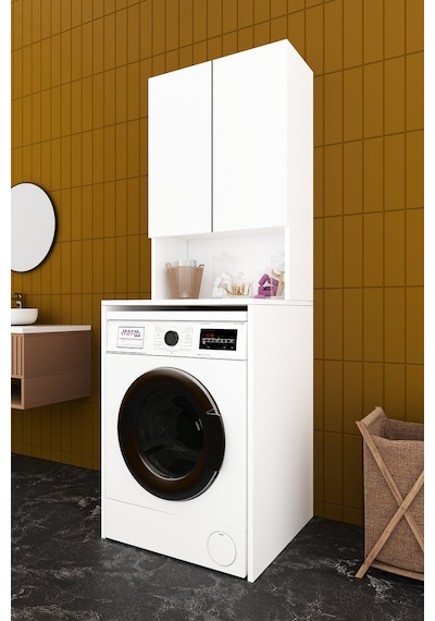 Asra Trend - Çamaşır Makinesi Üstü Banyo Dolabı BD-01 - %100 MDF - İki Kapaklı Organizer Raf - Beyaz
