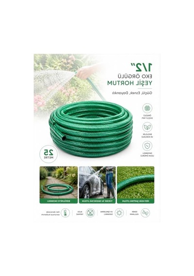 25 Metre Uzunluğunda 1/2" Örgülü Bahçe Hortumu, Kırılmaz Yeşil