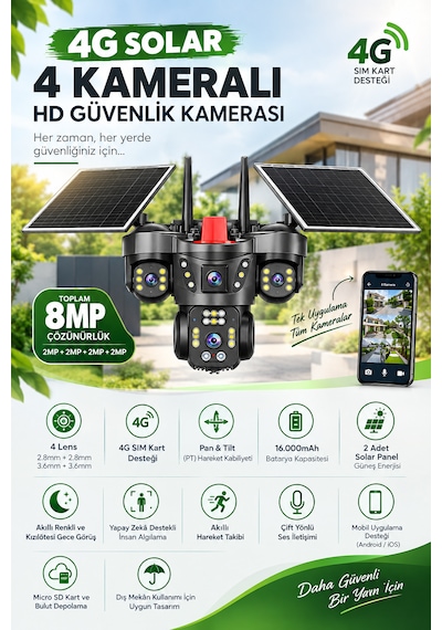 Linadex Lx-4480 4g Solar 4 Kameralı Hd Güvenlik Kamerası-çift Solar