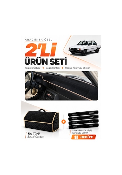 E-biz Renault 9 Spring 1991-1996 Uyumlu Torpido Örtüsü + Tay Tüyü Çanta - Siyah-bej - Re003