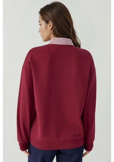 Hiccup Dokuma Garni Detaylı Oversize Polo Yaka Sweatshirt Bordo Kırmızı