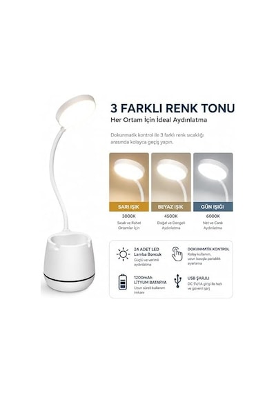 Masa Lambası Şarjlı Dokunmatik 24 Led Li, 3 Renk Modlu Ayarlanabilir Işık, Usb Şarjlı, Esnek Gövde, Modern Masa Ve Gece Lambası .