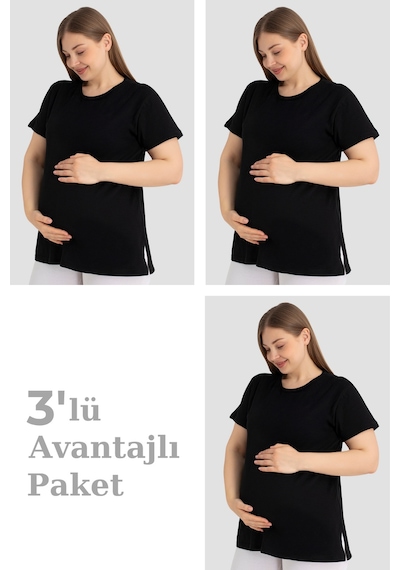 Arma Yıldız Pamuklu Kısa Kollu Hamile Tişört Siyah 3'lü Paket Yumuşak Ve Rahat Hamile Giyim