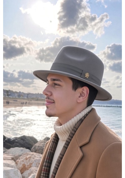 Mollycrush Erkek Kışlık Klasik Gri Fötr Şapka Şeritli Geniş Siperli Keçe Fedora Modeli Gri