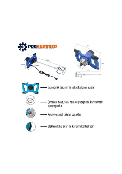 Prohummer Ph013 Elektrikli Harç Karıştırıcı Mikser 1400w Mavi