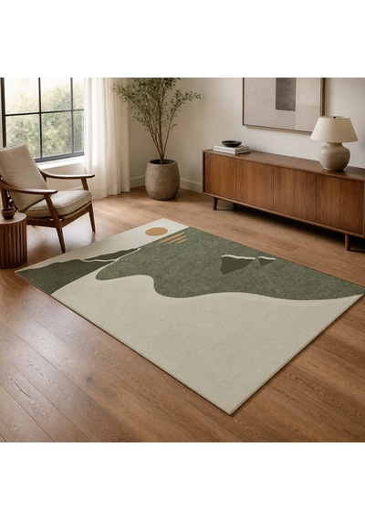 Kartela Halı Kıyı Deniz Manzaralı Modern Halı Adaçayı Yeşili Kaymaz Taban 100x150 Cm