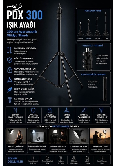 Pdx 300 Işık Ayağı 300 Cm Ayarlanabilir Stüdyo Standı