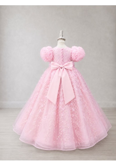 Star Kids Fashion Kız Çocuk Pembe Prenses Elbisesi Çiçek İşlemeli Kabarık Tül Abiye Doğum Günü Özel Gün Elbisesi