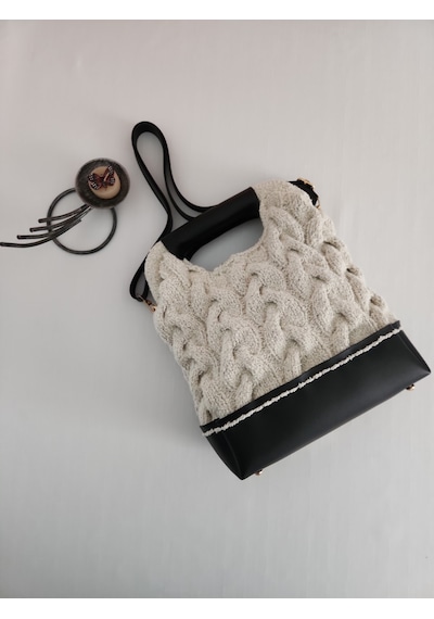 Fikriharika Design Vintage Esintili Buklet Örgü Çanta Metal Burslu Ve Deri Detaylı Siyah - Bej