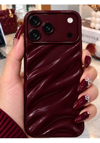 İphone 17 Pro Max / 18 Pro Max Uyumlu Burgundy Dalga Desenli Kılıf Kamera Korumalı Parlak Premium Telefon Kılıfı-kapak