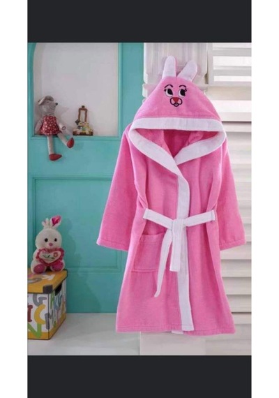 Çocuk Kapüşonlu Pembe Tavşan Desenli Pamuklu Bornoz Pembe