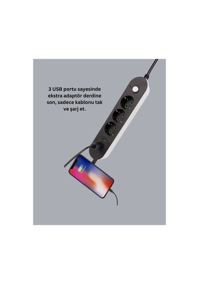 3 Usb Portlu Üçlü Priz Cxe103 Siyah