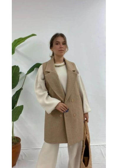 Alemdarshop Zarif Camel Bej Kruvaze Yelek Soft Tonlarda Premium Stil - Camel