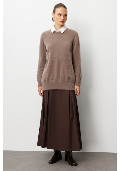 Mizalle Yuvarlak Yaka Oversize Yumuşak Dokulu Vizon Rengi Triko Kazak Vizon