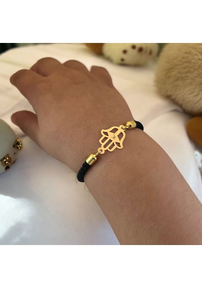 K Harfine Özel Hamsa Motifli 14 Ayar Altın Plakalı Siyah İpek Örgülü Hediye Bileklik-509harf K