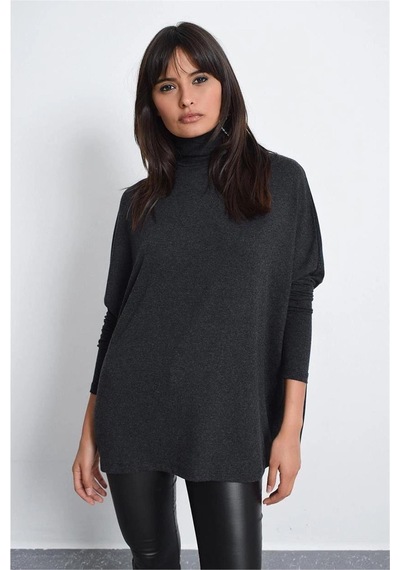 WeShaya Kadın Antrasit Yeni Moda Uzun Kol Oversize Kesim Basic Örme Bluz Antrasit
