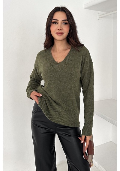 Noa & Noa Kadın V Yaka Triko Kazak Cozy Neutral Yeşil