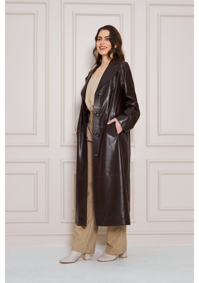 M M Marki Marki Kadın Hakiki Deri Trençkot Kahverengi, V Yaka, Kuşaklı, Düğme Kapamalı, Oversize, 120 Cm - 117222