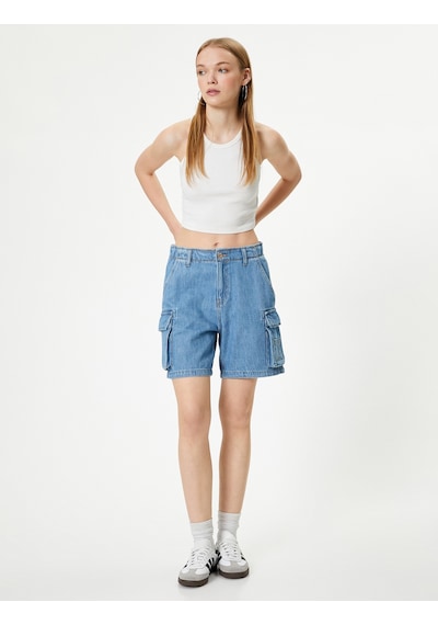 Koton Denim Kargo Bermuda Şort Cepli Standart Bel Orta İndigo 4sal40313md İndigo