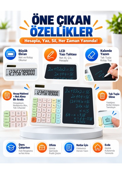 12 Haneli Güneş Enerjili Hesap Makinesi Lcd Yazı Tabletli Kalemli Pastel Renkli Masaüstü Hesap Makinesi Not Tableti Beyaz