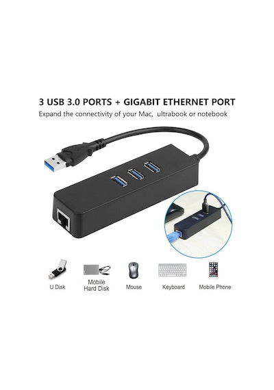 Usb 3.0 To 3 Port Usb 3.0 Çoklayıcı Ethernet Rj45 Gigabit Hub