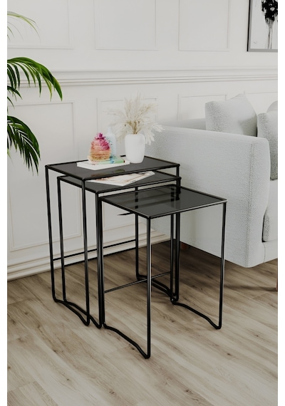 Retro 3 Lü Zigon Füme Camlı Siyah Sehpa, Metal Sehpa, Salon, Yatak Odası, Antre
