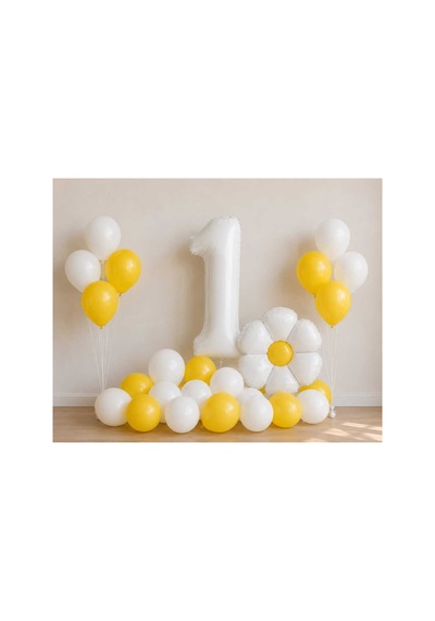 1-9 Yaş Papatya Doğum Günü Konseptli Balon Seti Beyaz Rakam Ve Papatya Folyo Balon 1 - 12 Yaş 80355397